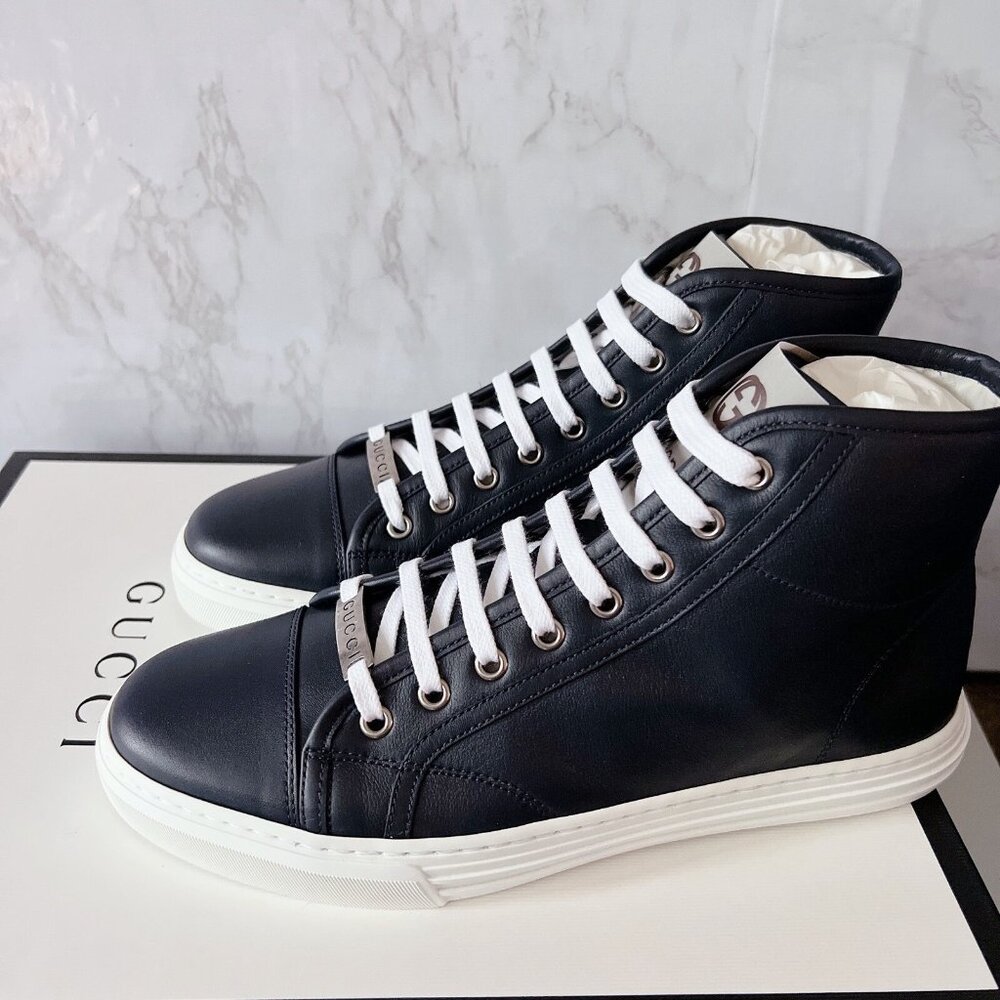 GUCCI Luxus Shoes High Top Sneaker logo Blue Leather Mens UK 8 US 8.5 *Authentic - Picture 2 of 13